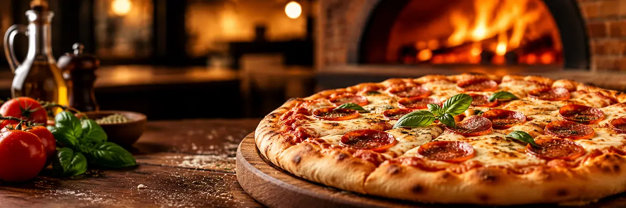 Pizza de calabresa com manjericão saindo do forno a lenha